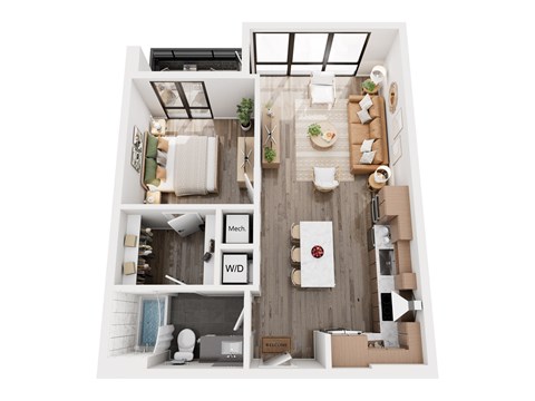 Floor plan for 1 bed, 1 bath, 632 sqft